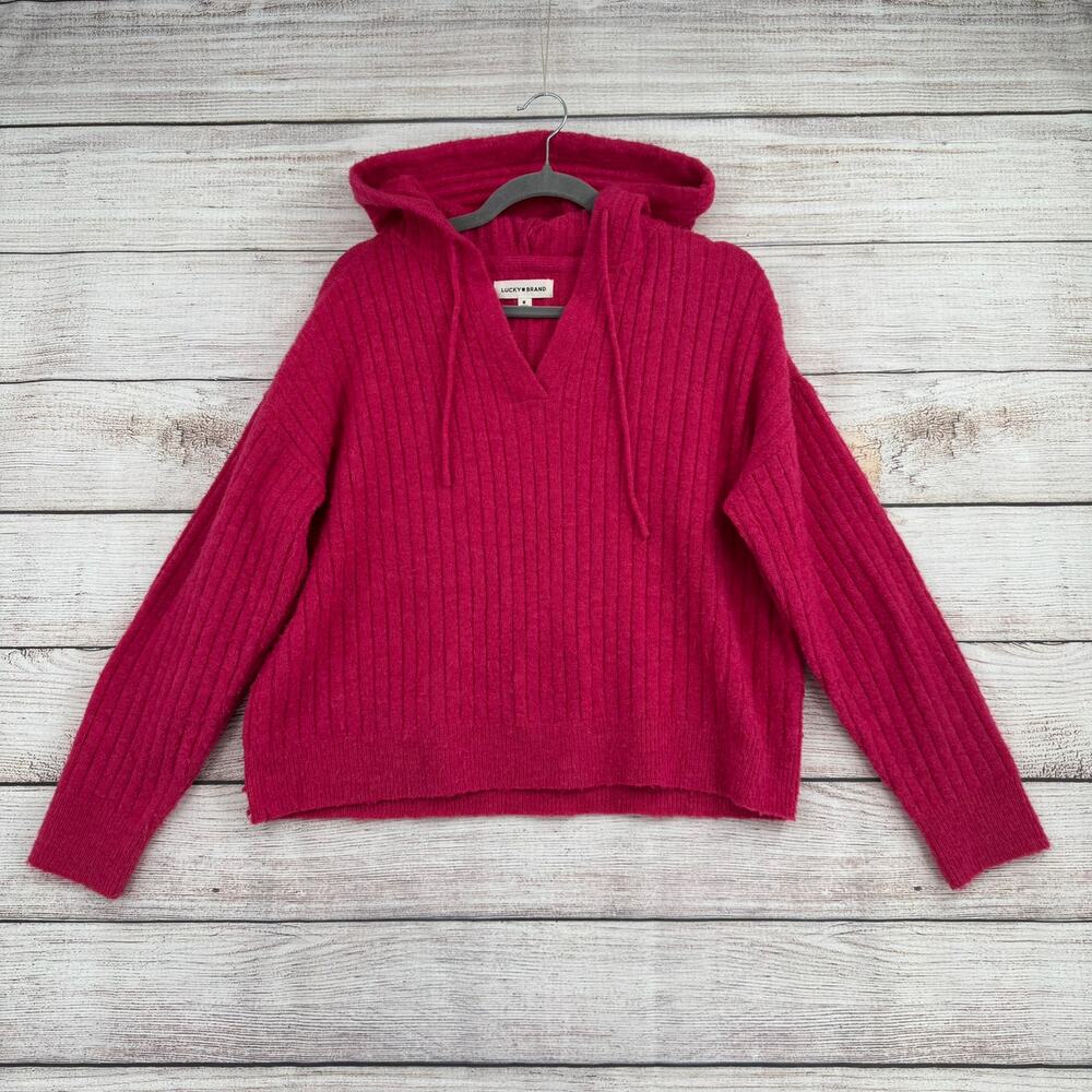 Lucky‎ Brand Crop Hoodie Sweater Womens Medium Pink Ribbed Barbie